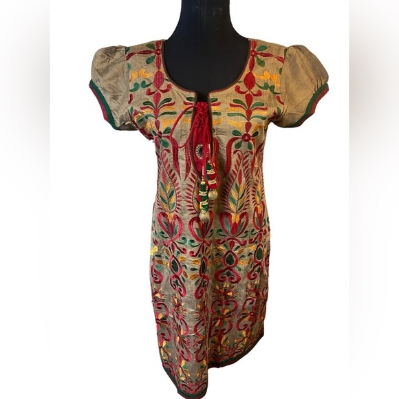 Beautiful Embroidered Tan Kurta With Red, Yellow and Green Embroidery - Picture 3 of 16